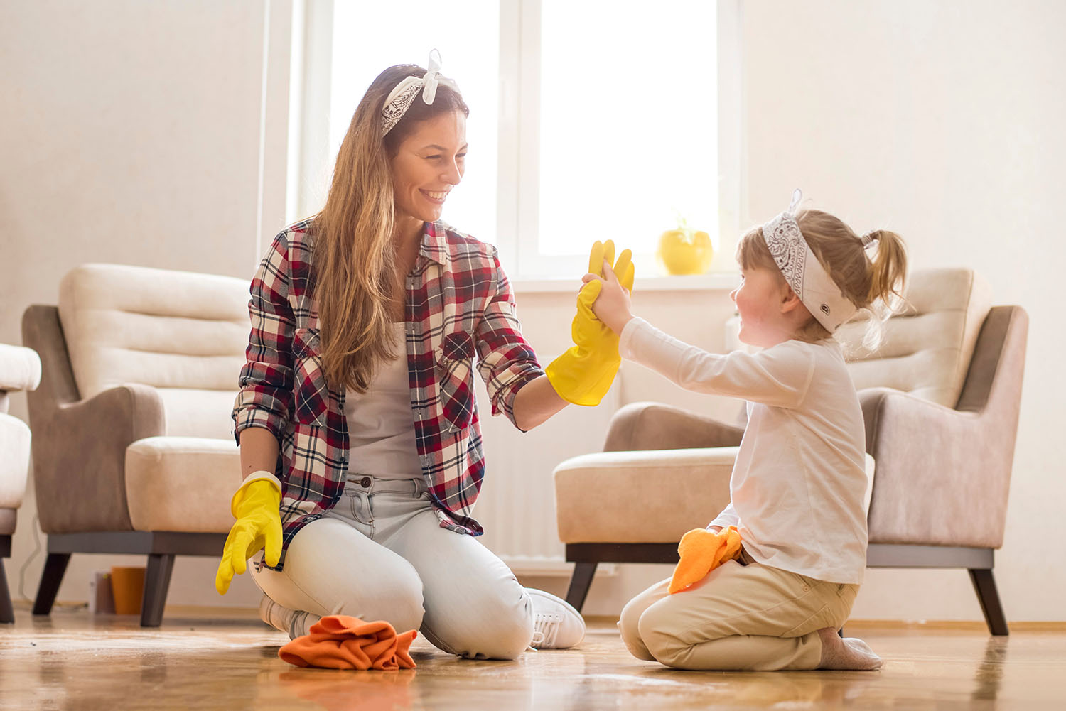 Mom and daughter cleaning